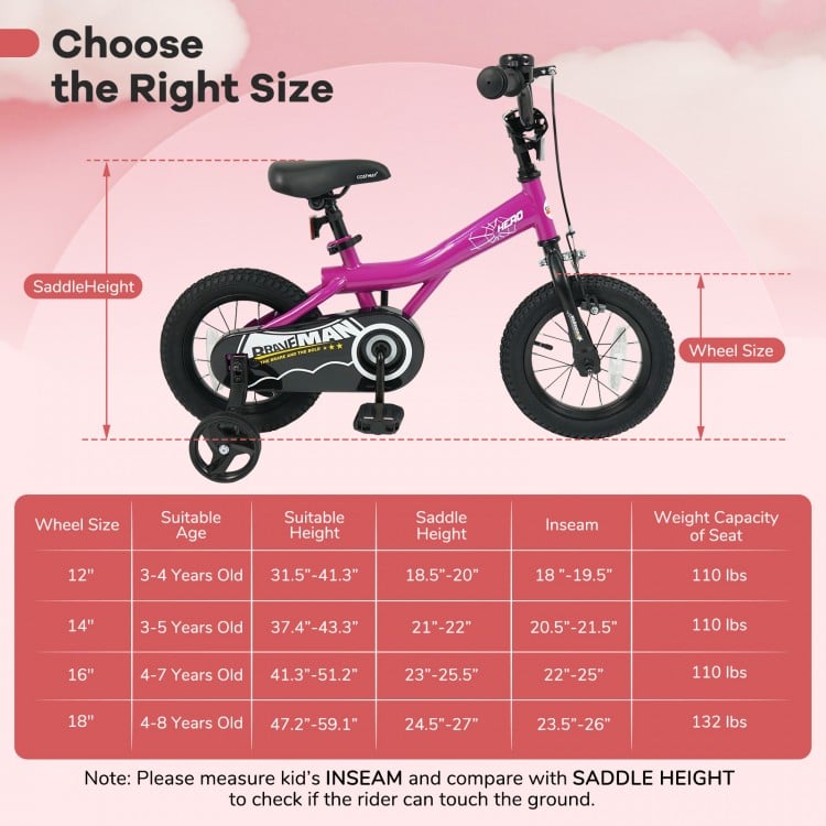 12-Inch Kids Bike with Removable Training Wheels Pink-Brave Hero