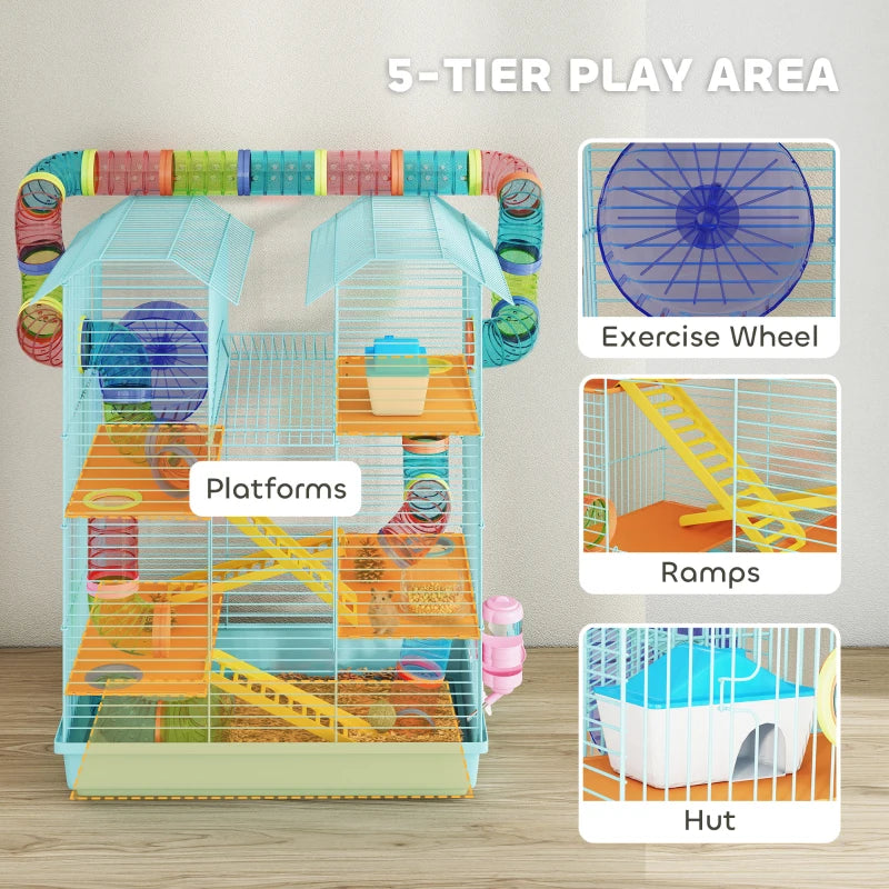18.5" Hamster Cage, 5 Tiers Small Animal House with Tunnel Tube System, Exercise Wheel, Water Bottle, Light Blue