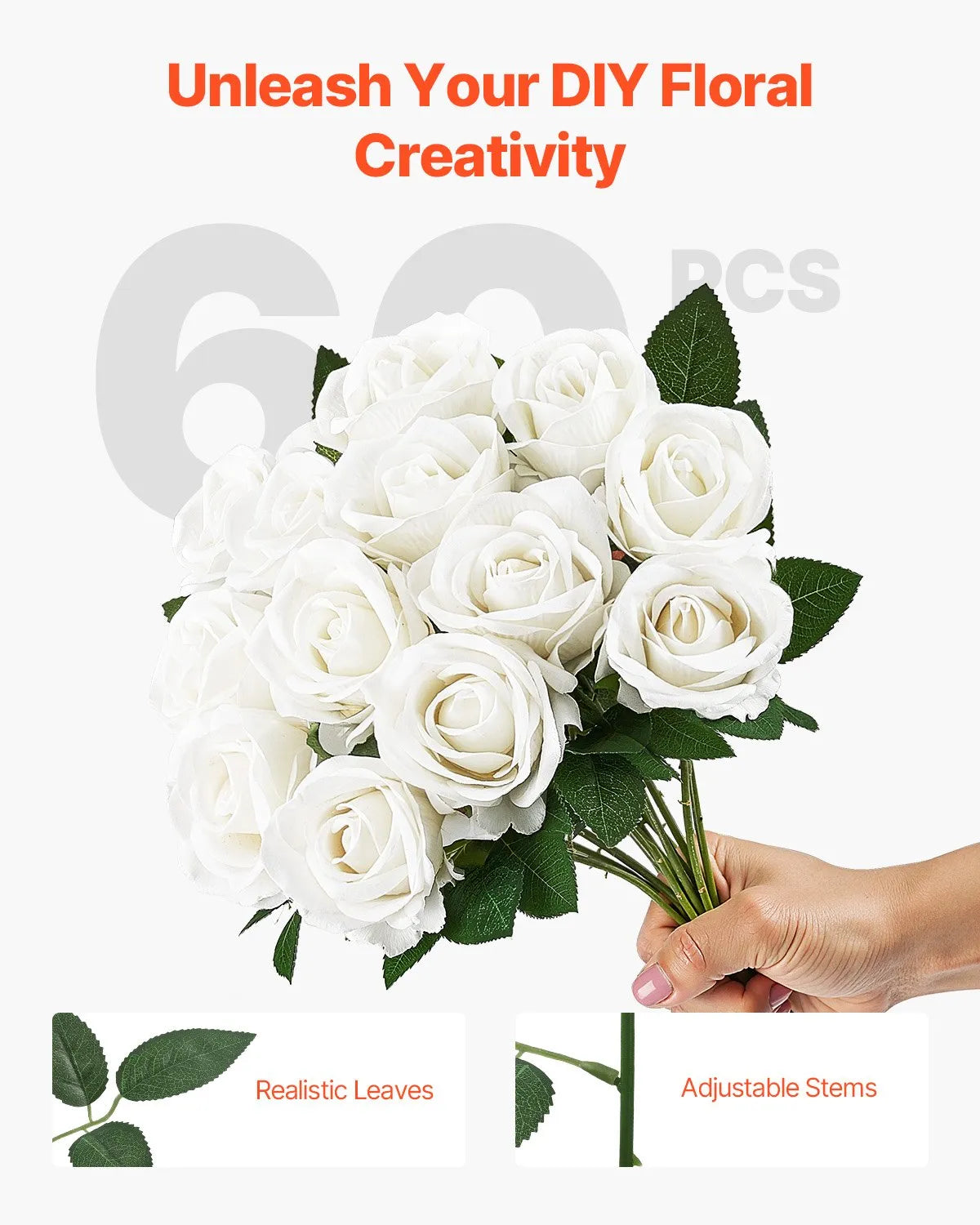 VEVOR 60 Pcs White Rose Artificial Flowers Realistic Bouquet for Xmas Home Decor