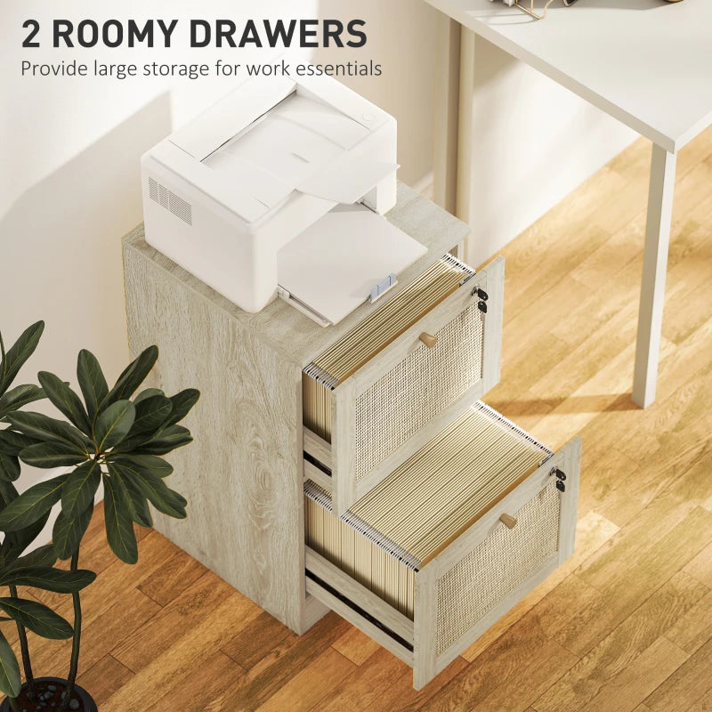 2 Drawer Filing Cabinet with Lock, Boho File Cabinet for A4 Letter Size Files with Decorative Rattan Accents, Oak