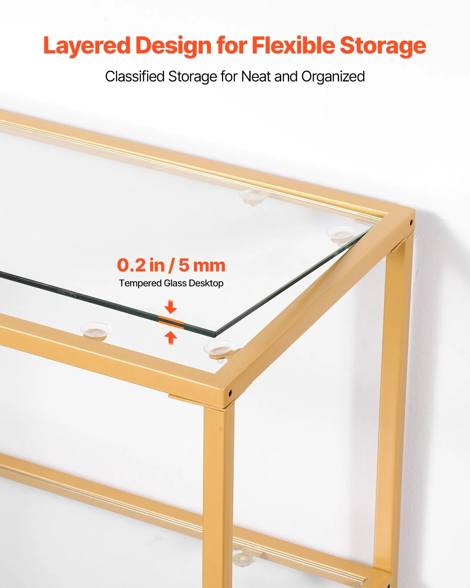 VEVOR 3-Tier Glass Console Table Rectangle Sofa Side Table with Anti-Tip Golden