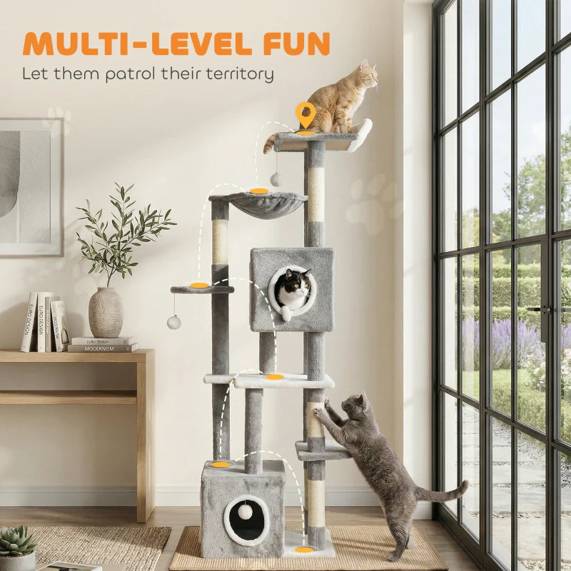 65 Inch Cat Tree with 2 Doors Condos, Plush Top Perch, Hammock, Sisal Scratching Posts, 4 Pompoms, Ramp, Grey
