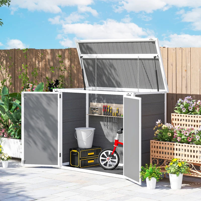 41 Cu. Ft. Outdoor Storage Shed, Outdoor Horizontal Trash Can Storage with Chain Lid, Lockable Storage Box, Grey