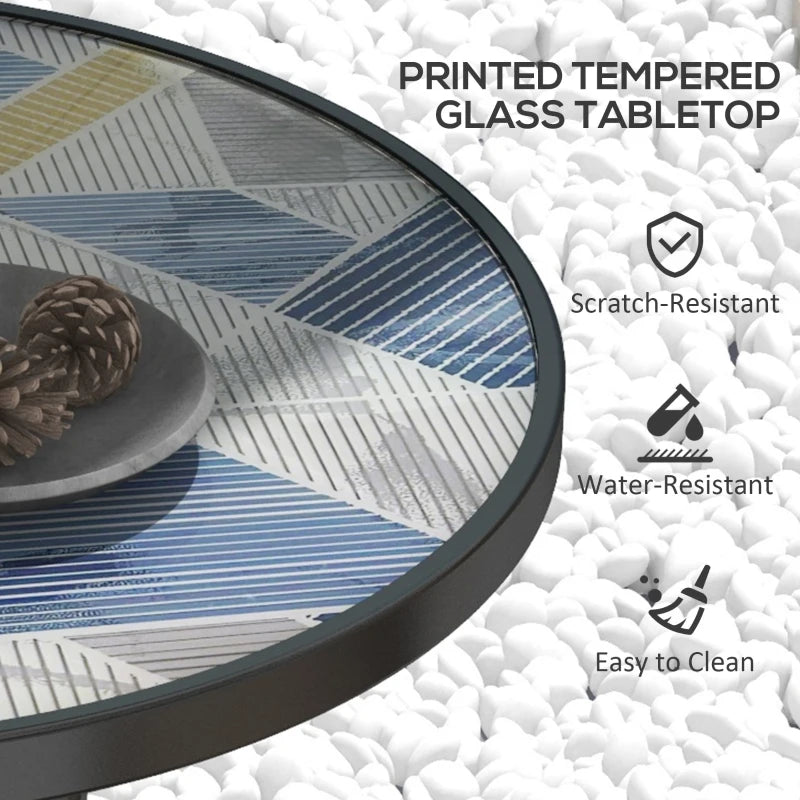 23.6" Round Patio Table, Outdoor Side Table with Glass Printed Top, Multicolour