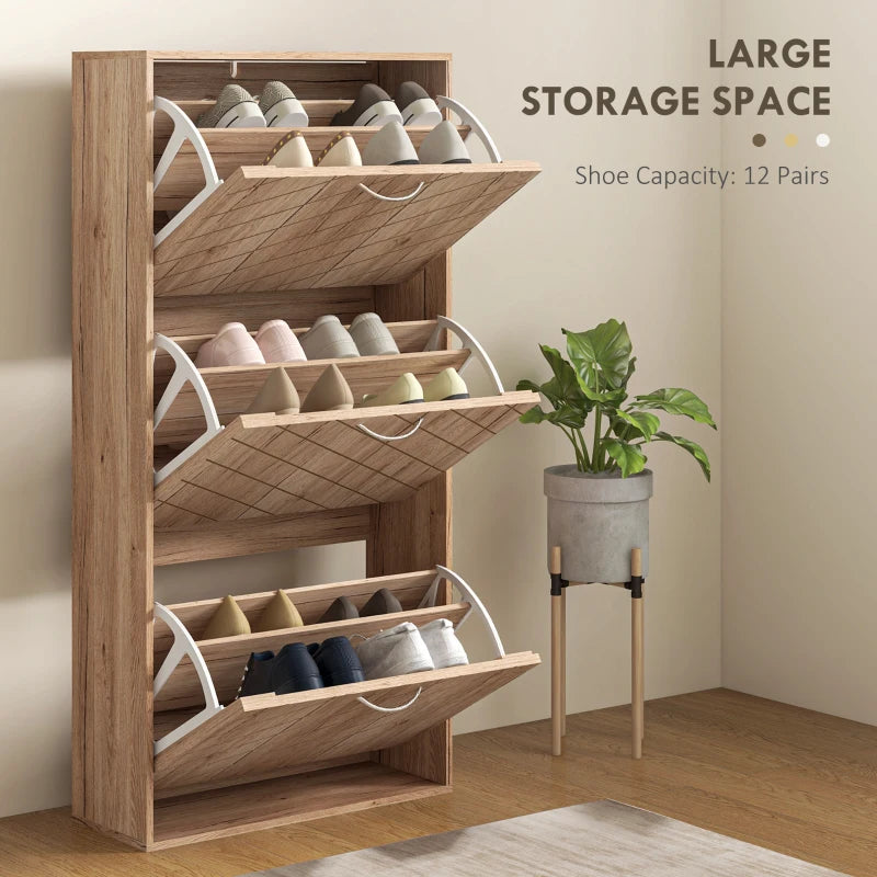 Shoe Storage Cabinet with 3 Flip Drawers, Narrow and Slim, 12 Pair of Shoes Organizer for Hallway, Entryway, Nature Wood