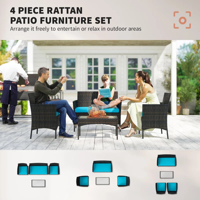 4 Pieces Wicker Outdoor Balcony Furniture Set Rattan Patio Furniture Set with Loveseat Chairs Glass Coffee Table Turquoise