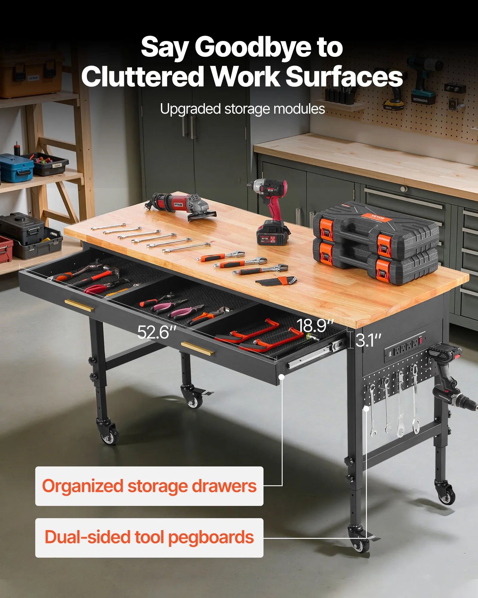 VEVOR 60" Workbench on Wheels Adjustable Height Table with Power Outlet & Drawer
