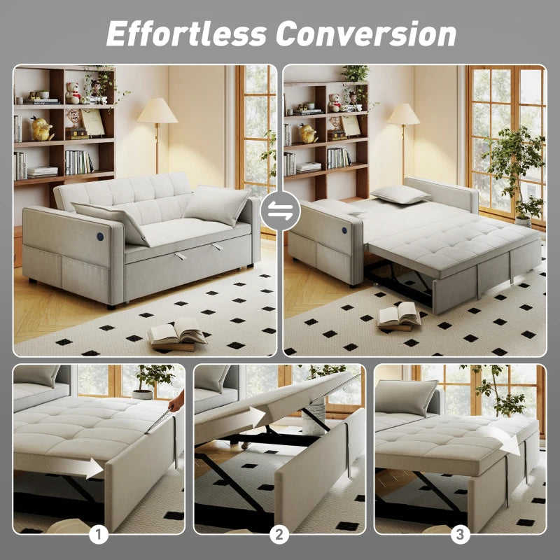 3‑in‑1 Convertible Sofa Bed, Pull Out Sleeper Sofa with USB Charging, Adjustable Backrest, Side Pockets, Beige