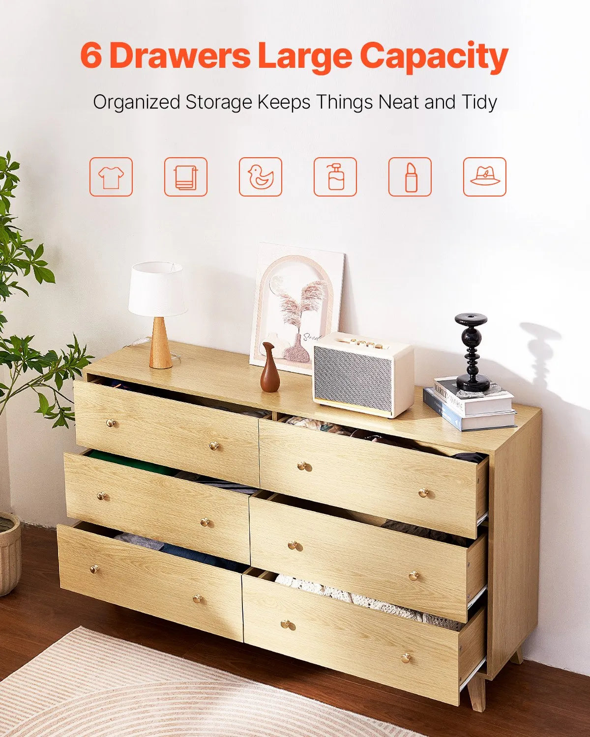 VEVOR 6 Drawer Dresser Wooden Chest of Drawers with Sliding with Anti-tip Device