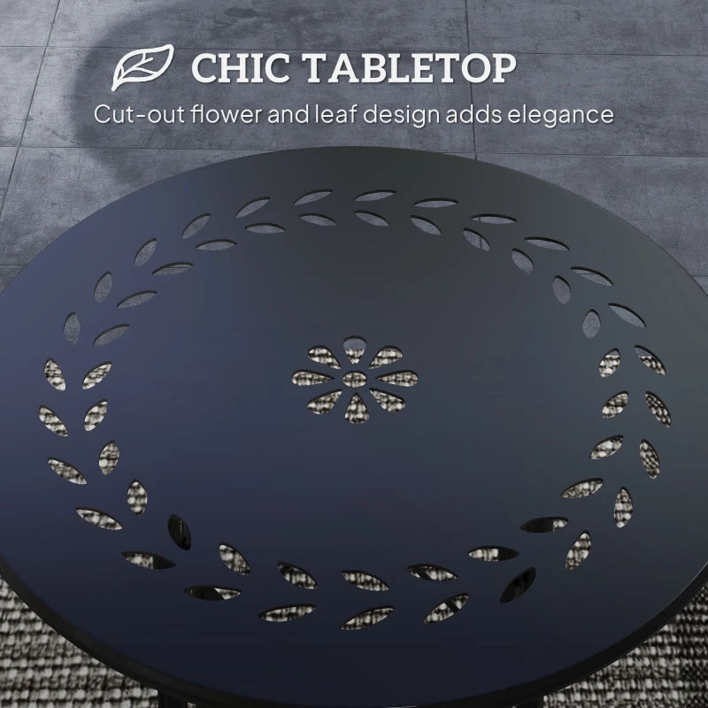 15.7" Round Garden Table with Floral Cut-Out, Steel Balcony Side Bistro Coffee Table with Adjustable Feet, Black