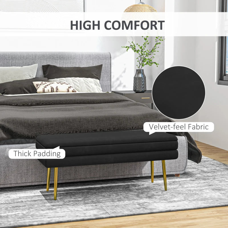 39" Storage Ottoman, Velvet End of Bed Bench with Steel Legs, Foot Stool with Storage for Bedroom, Living Room, Black