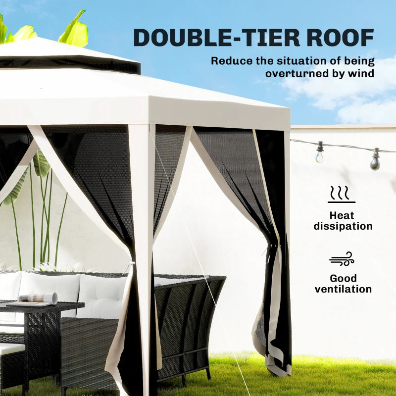 10' x 10' Outdoor Canopy Tent Party Tent with Mesh Netting and Double Tier Roof for Backyard, Garden, Patio, Cream White