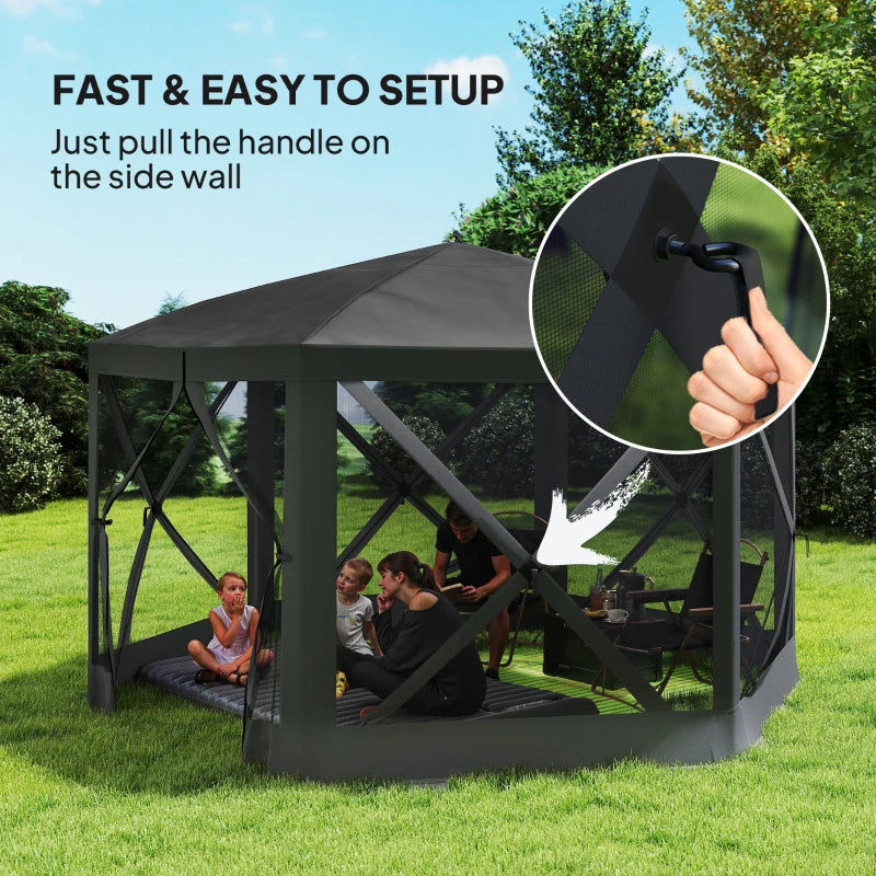 12' x 12' Hexagon Automatic Pop Up Screen Tents, Camping Shelter w/ Mesh Sidewalls and Carry Bag Black