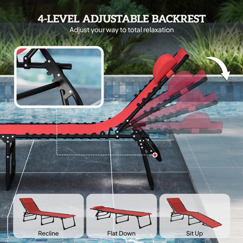 2 PCs Folding Lounge Chairs, Adjustable Chaise Lounge with Headrest, Reclining Lounger Cot for Camping, Hiking, Wine Red