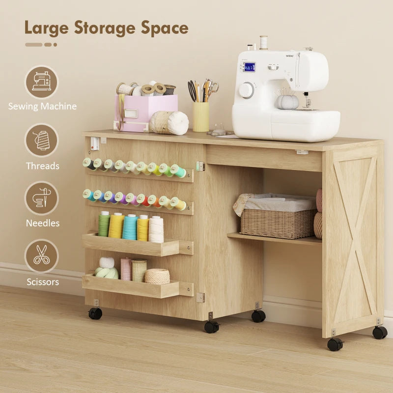 Sewing Machine Table on Wheels, Folding Craft Table with 2 Bins, Storage Shelf, 18 Pegs, Lockable Wheels, Natural