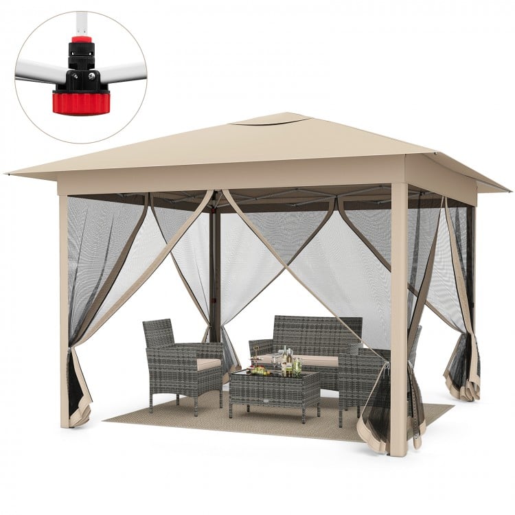 11.5 x 11.5 FT Pop-up Canopy Instant One-Person Setup with Mesh Screen Netting-Beige