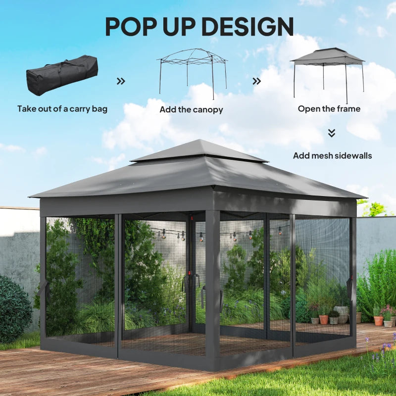 11' x 11' Pop Up Canopy 2-Tier Soft Top Shelter Event Tent w/ Netting Carry Bag for Patio Backyard Garden, Dark Grey