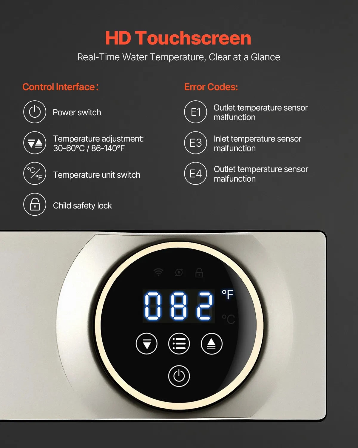 VEVOR 27kW Tankless Electric Water Heater Instant Hot with LCD Child Lock