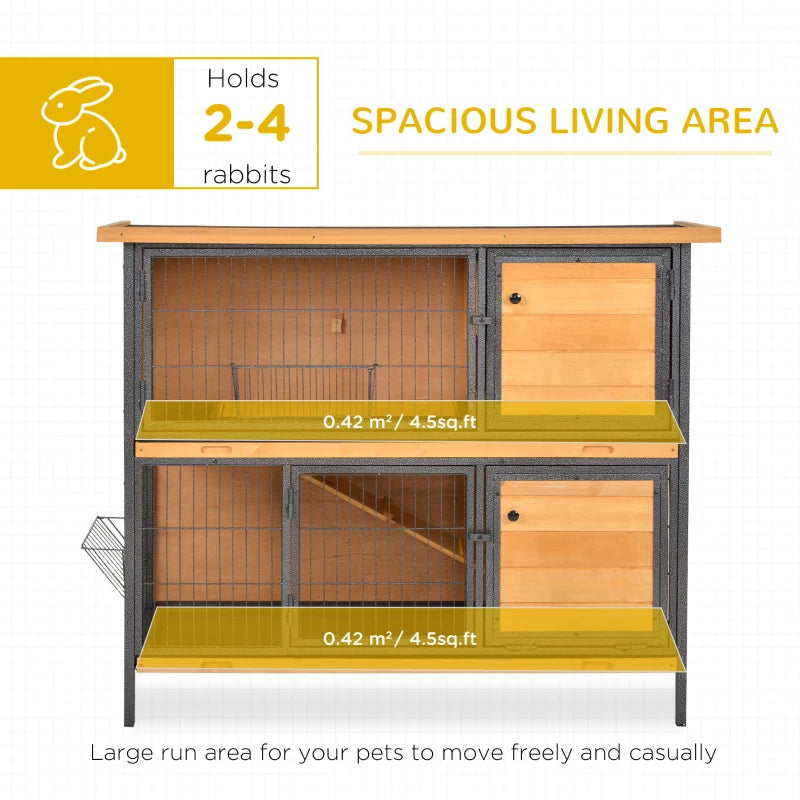 48" 2-Floor Large Rabbit Hutch Wooden Pet House Metal Frame Bunny Cage Small Animal Habitat with Ramp Feeding Trough Lockable Doors Run Area Asphalt Roof for Outdoor Use