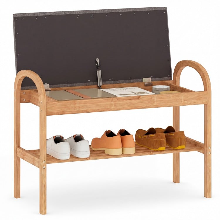 2-Tier Bamboo Shoe Bench with Storage and Padded Cushion-Gray