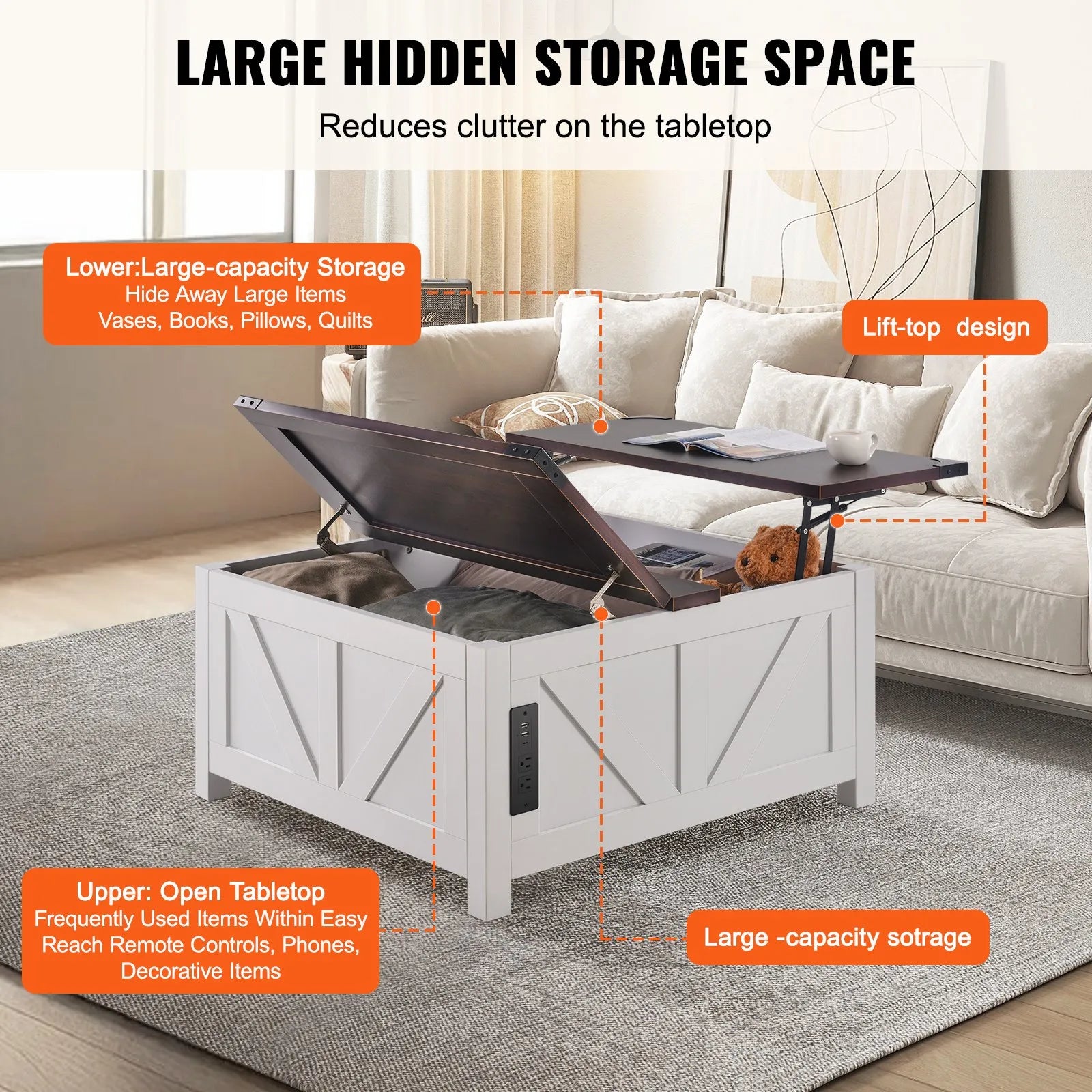 VEVOR 36" Farmhouse Coffee Table Hinged Lift Top Square Table with Power Strip