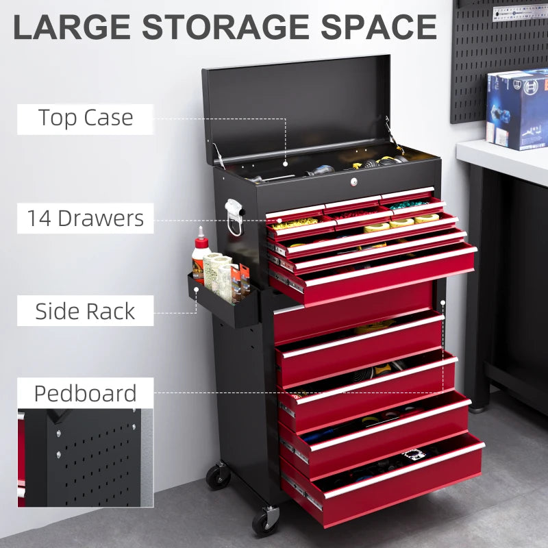 14 Drawer Rolling Tool Chest, Lockable Tool Storage Cabinet with Detachable Top Toolbox, Protective Liner, Red