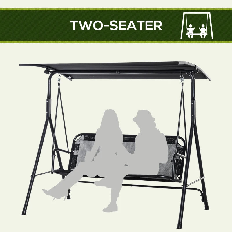 2-Person Porch Swing Chair, 2 Seater Patio Swing Bench w/ Adjustable Canopy, Breathable Seat for Garden, Poolside, Black