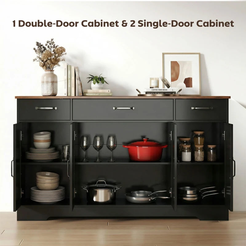 Sideboard Buffet Cabinet, 55" Farmhouse Kitchen Cabinet with 4 Barn Doors, 3 Drawers, 3 Adjustable Shelves, Black