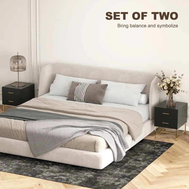 2 Pieces Nightstands with Storage, Modern Bedside Tables with 2 Fluted Drawers and Gold Legs for Bedroom, Black