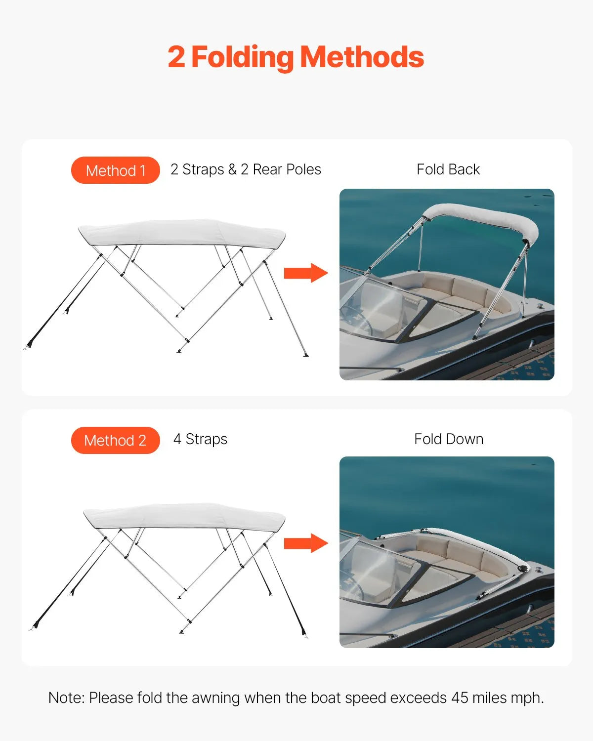 VEVOR 4 Bow Boat Bimini Tops 8'Lx(91"-96")W x 54"H Awning Canopy Light Grey