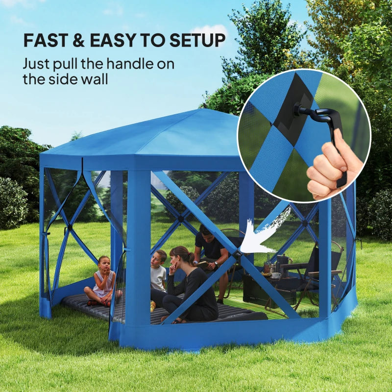 12' x 12' Hexagon Automatic Pop Up Screen Tents, Camping Shelter w/ Mesh Sidewalls and Carry Bag Blue