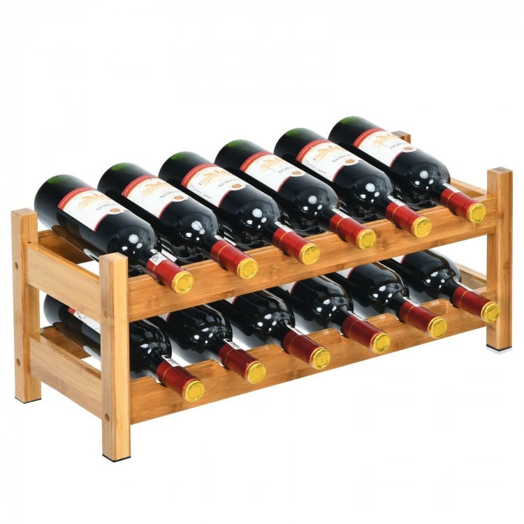 2-Tier 12 Bottles Bamboo Storage Shelf Wine Rack-Natural