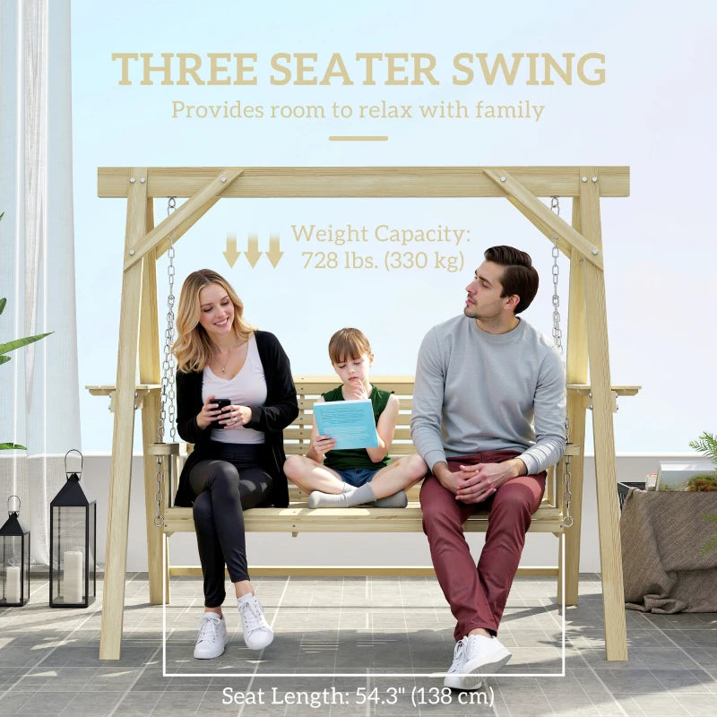 3 Seat Wooden Porch Swing with Stand, Patio Swing with Side Tables, for Garden, Poolside, Backyard, Natural Wood