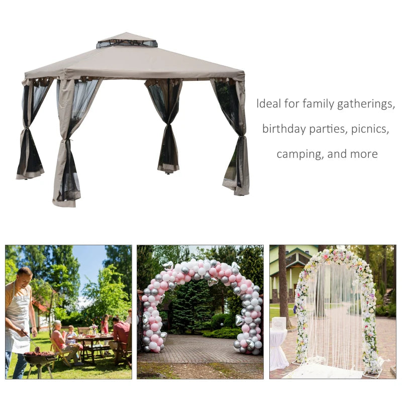 10' x 10' Patio Gazebo Outdoor Pavilion 2 Tire Roof Canopy Shelter Garden Event Party Tent Steel Frame, Brown
