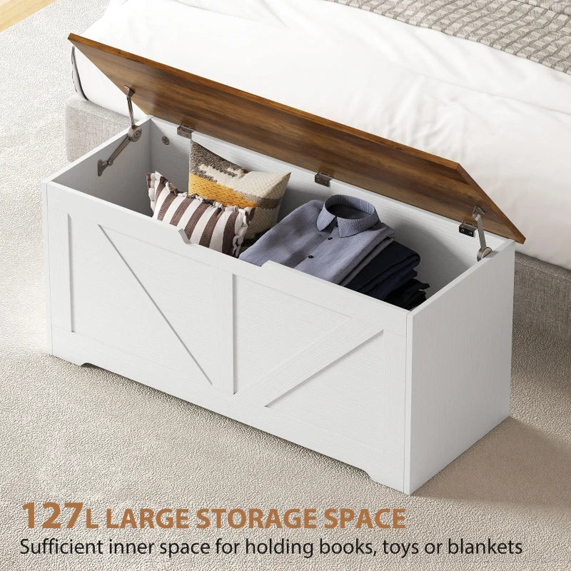 39.4 Inches Storage Chest, Storage Trunk with 2 Safety Hinges for Living Room, Brown and White Wood Grain