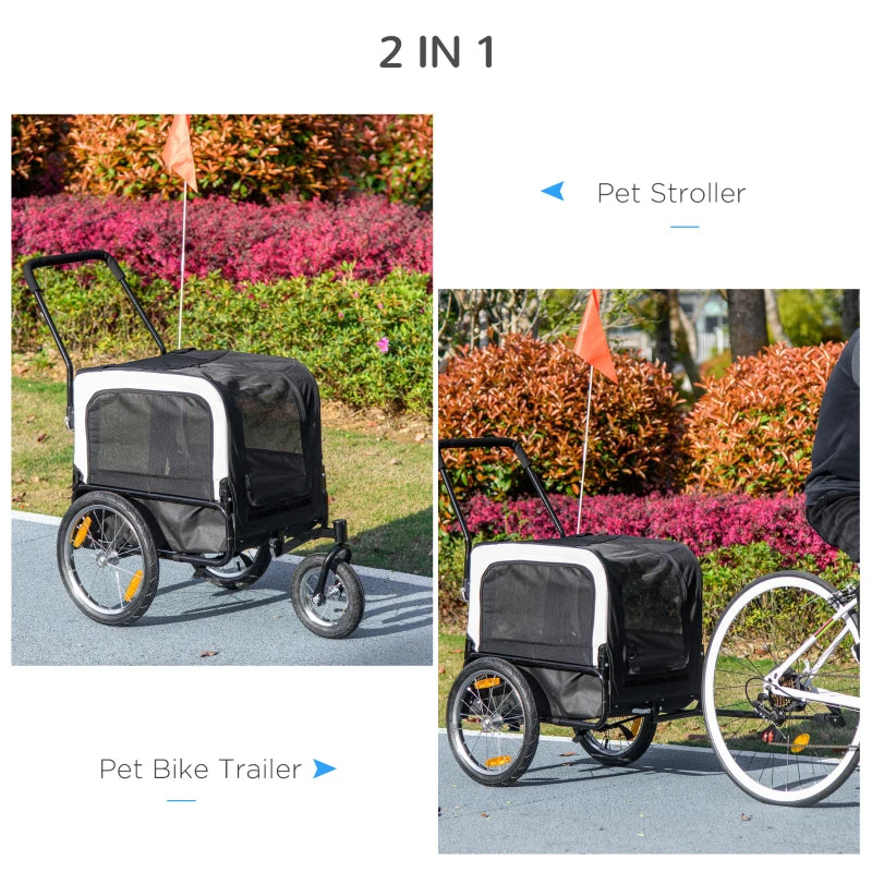 2 in 1 Dog Bike Trailer, Dog Stroller with Safety Leash, Hitch, Flag, Reflectors, Cushion for Small Dogs, Black