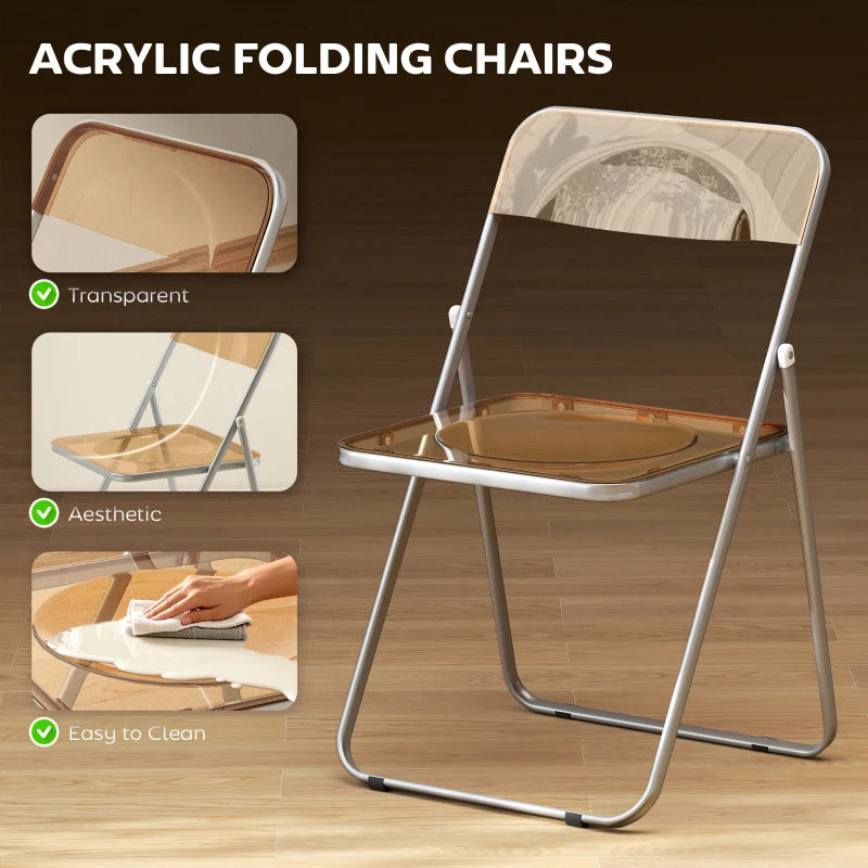 4 Pack Acrylic Foldable Chairs, Transparent Folding Chairs for Living Room, Home Office, Party, Orange
