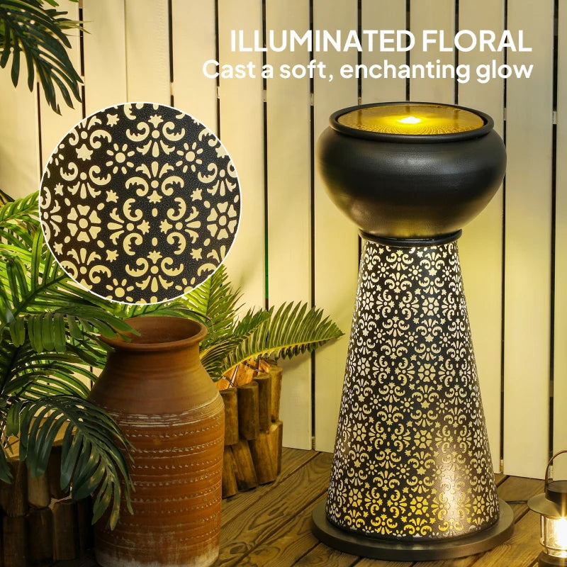 28" Tall Outdoor Water Fountain with LED Lights, Bowl Garden Waterfall Fountain with Adjustable Flow, Outdoor Water Feature with Cut-out Floral Base, Dark Grey and Yellow