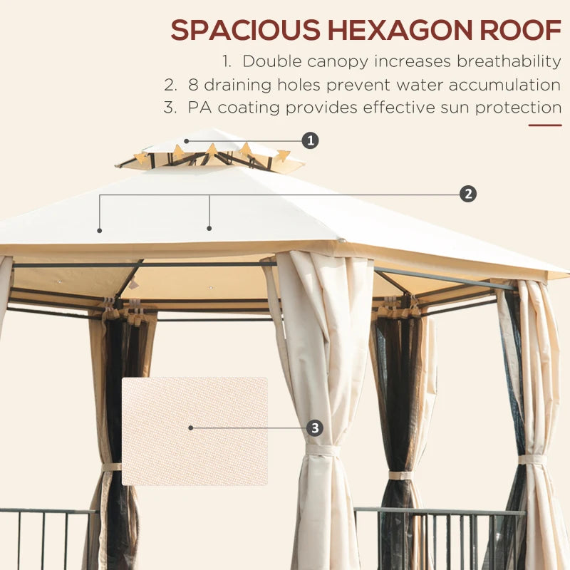 13ft Hexagon Gazebo Outdoor Canopy Shelter with Netting and Shaded Curtains Beige