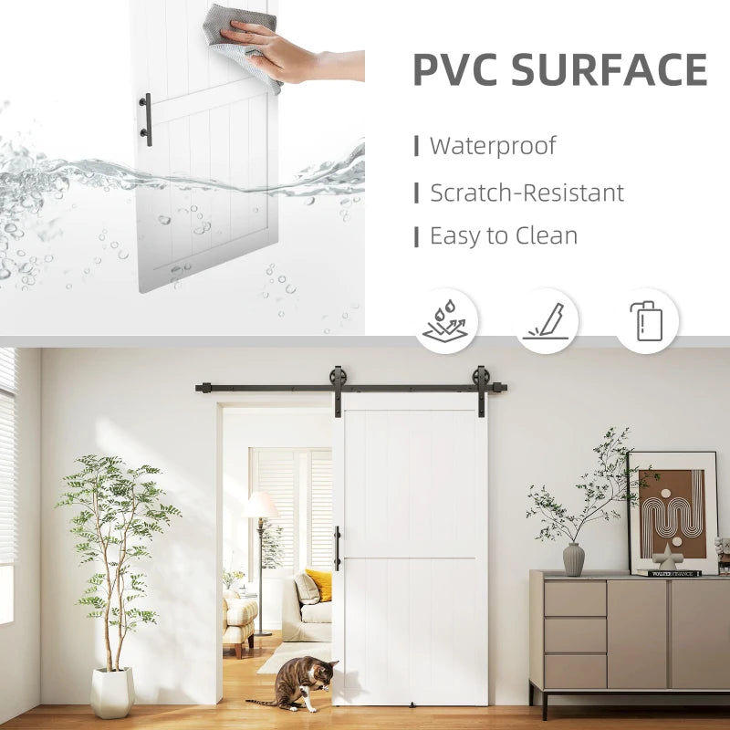 42inx84in Barn Door with 7FT Sliding Door Hardware Kit, Handle, Upgraded Rollers and Floor Guide, Waterproof, White