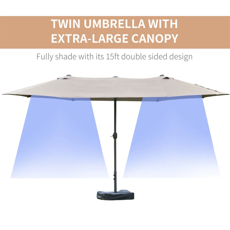 15' Outdoor Patio Umbrella with Twin Canopy Sunshade Steel Table Umbrella w/ Lift Crank, Cross base, Sandbag, Light Grey