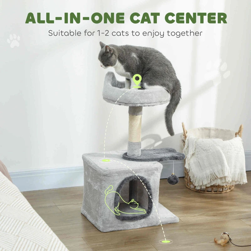 28" Cat Tree Tower with Plush Top Bed, Cozy Condo, Sisal Scratching Post, Perch, Dangling Ball, Light Grey