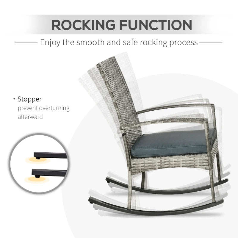 3 Pieces Patio Wicker Rocking Chair Set, Outdoor PE Rattan Bistro Set Conversation Rocker Set with 2 Chairs 1 Coffee Table for Backyard, Deck, Poolside, Grey
