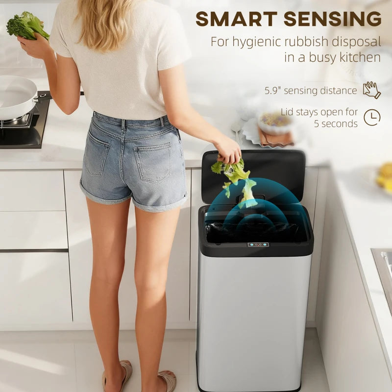 12 Gallon Sensor Can, Automatic Garbage Can with Soft-Close Lid, Fingerprint-Proof Stainless Steel, Silver