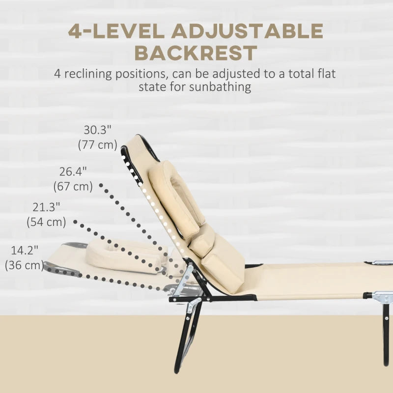 2PCS Adjustable Outdoor Lounge Chair, Garden Folding Chaise Lounge with Face Hole Reclining Tanning Chair Seat, Folding Camping Beach Lounging Bed w/ Head Support, Beige