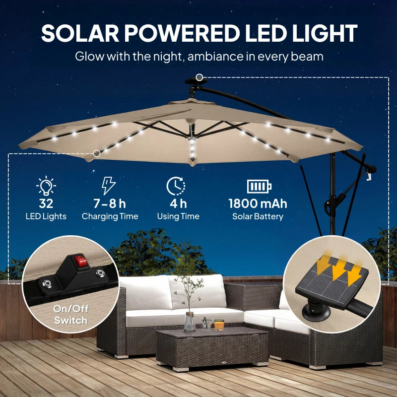 11.3 ft Cantilever Patio Umbrella with Light, Cover, Aluminium UPF50+ Offset Outdoor Umbrella Parasol, Khaki