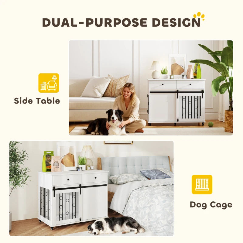 39" Dog Crate Furniture, Dog Kennel Indoor with 2 Drawers, Wheels, Sliding Door, Dog Cage for Medium Large Dogs, Oak