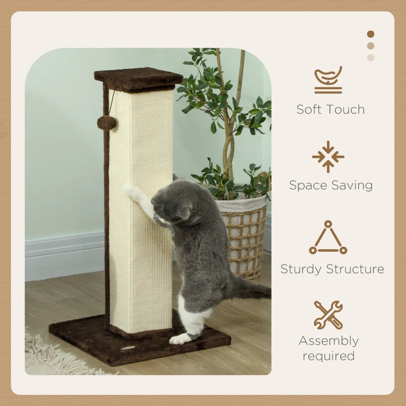 32" Tall Cat Scratching Post for Indoor Cats and Kittens, Sisal Cat Scratcher with Hanging Ball Soft Plush, Brown