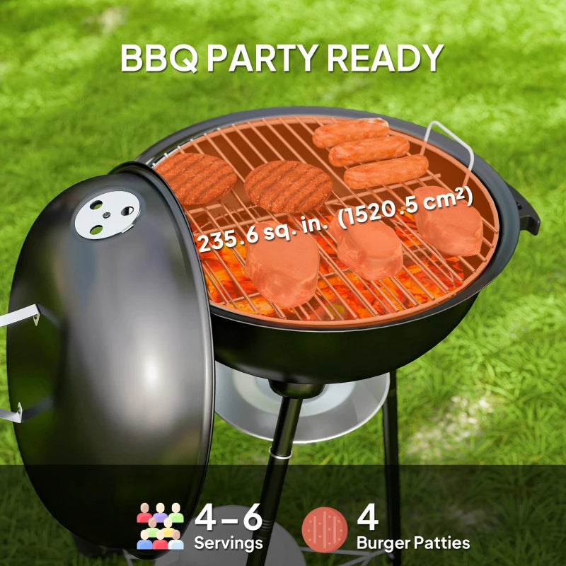 17" Kettle Charcoal BBQ Grill with BBQ Accessories, Barbecue Grill with Shelf, Ash Catcher, Wheels, Handles for Outdoor Cooking, Patio Backyard Party, Black