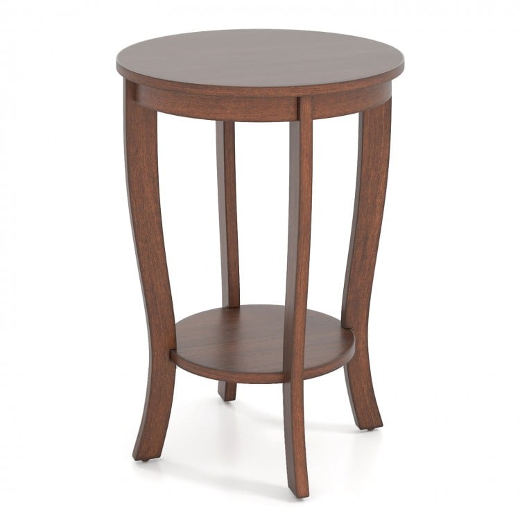 2-tier Round End Table with Solid Wood Legs-Brown
